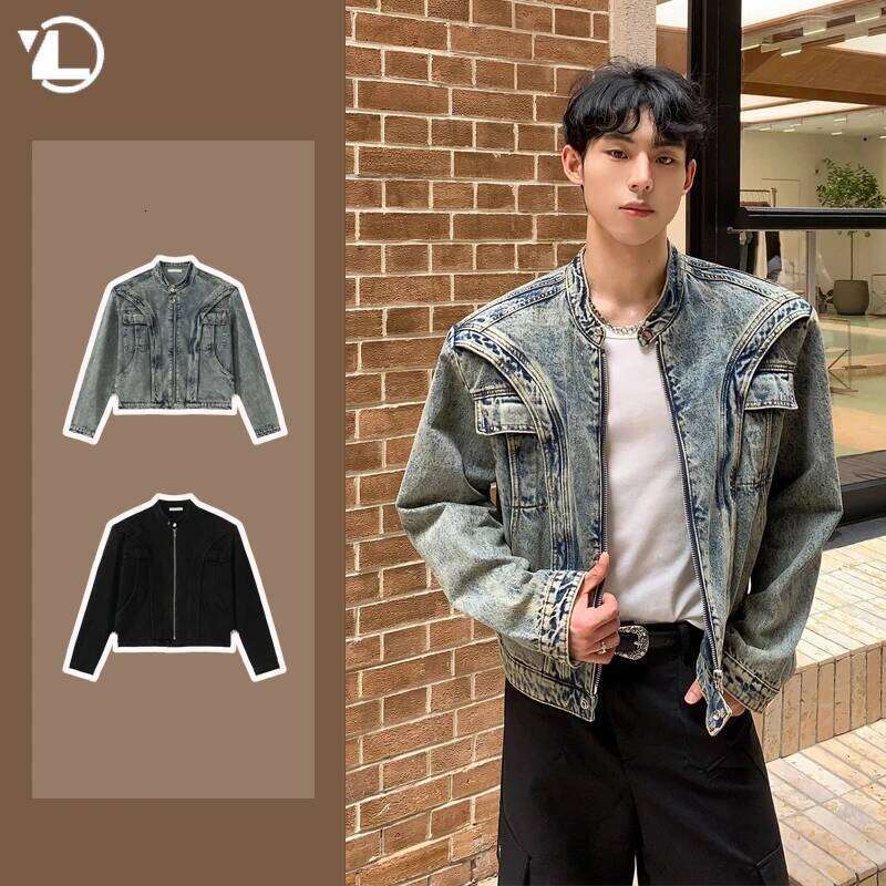 American Short Denim Jacket Mens Shoulder Pad Fashion Hip-hop Zipper Coats Deconstructing Design High Street Trendy Outwear