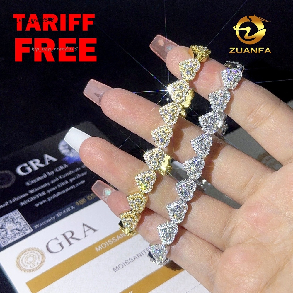 Fine Jewelry 8mm Heart Shape VVS Moissanite Cuban Link Bracelet 925 Silver Moissanite Hip Hop Jewelry Cuban Chain for Men Women