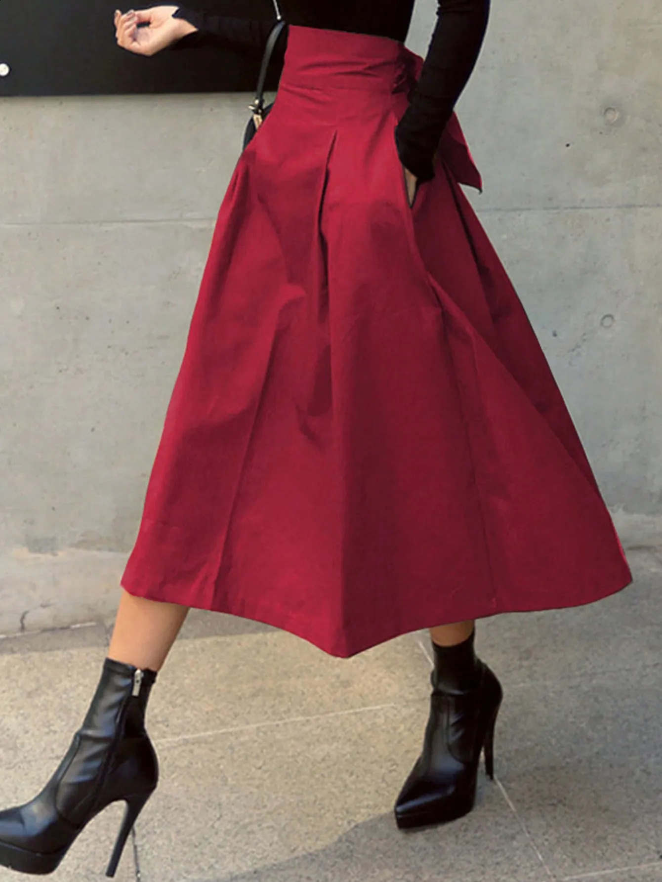 Stylish Solid Aline Skirts for Women Preppy School Style High Elastic Waist Long Skirt With Bow Woman Clothing Womens 250905