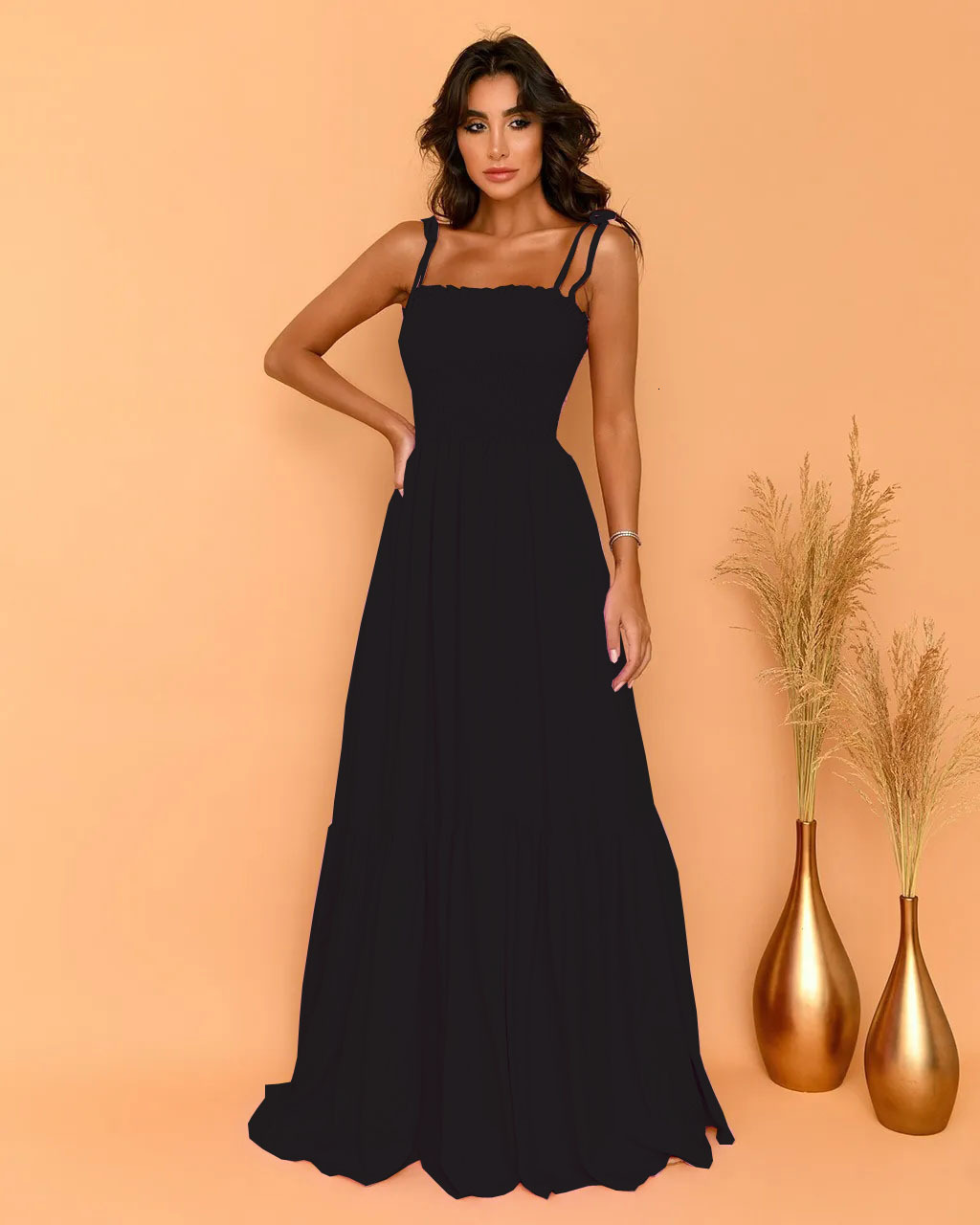 2023 Solid Color High Waist Slimming Elegant Strap Flared Long Dress Luxury