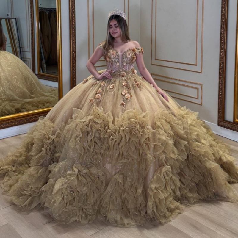 Champagne Shiny Quinceanera Dresses Off Shoulder Ball Gown Sweet 16 Dress Applique Flower Tiered Tull Beads Birthday Party Vestidos 15 De Anos
