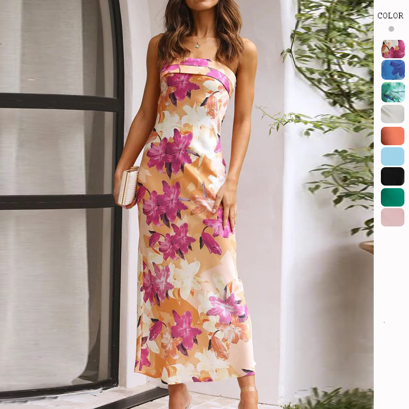 2025 SpringSummer New Elegant Socialite Satin Backless Strapless Dress with Print