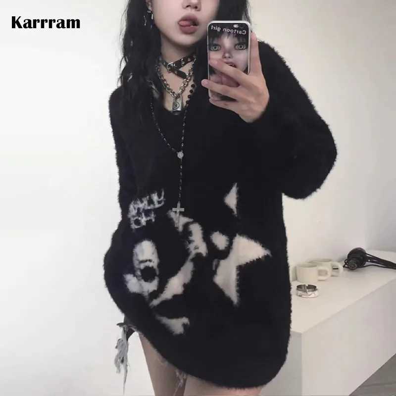 Karrram Gothic Skulls Sweater Grunge Dark Aesthetics Knitted Jumper Vneck Harajuku Loose Mohair Pullover Emo Alt Knitwear Y2k Z250905
