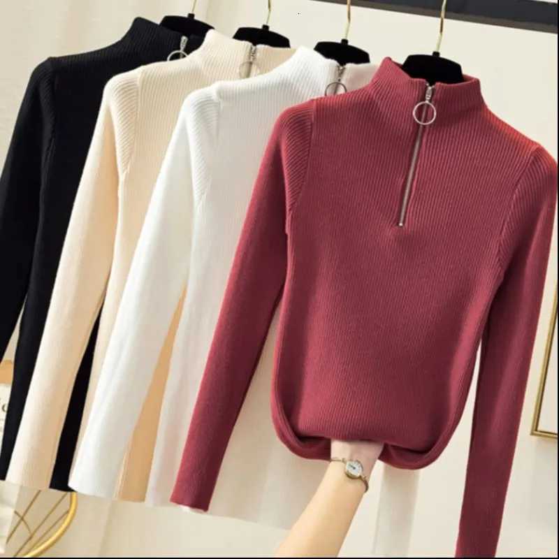Knitted Women Zipper Half High Neck Sweater Pullovers Autumn Winter Basic Women Sweaters Slim Solid Knitwear Pull Femme Tops Z250905