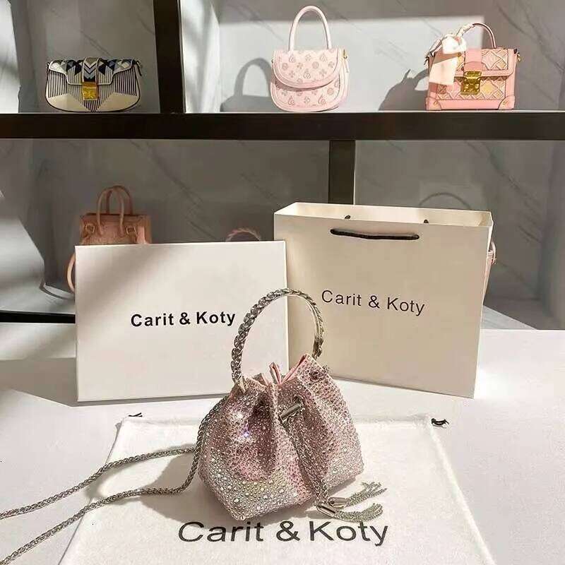 Glitter Shiny Dias Evening Metal Ring Handle Bucket Women Handbag Wedding Party Clutch Purse Shoulder Crossbody Bag