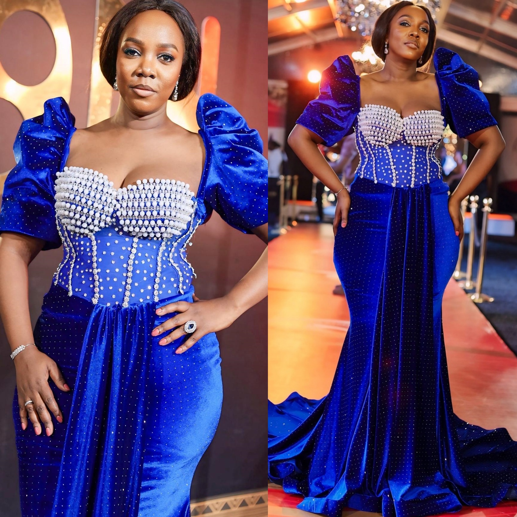 Aso Ebi Royal Blue Mermaid Prom Dresses 2025 Pearls Crystals Velvet Evening Formal Party Second Birthday Engagement Gowns Plus Size Dress For Special 