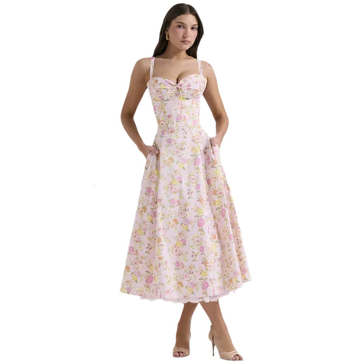 Elegant Floral Series French Style Summer Strap Gentle Dress Slimming Floral Strap Long Dress