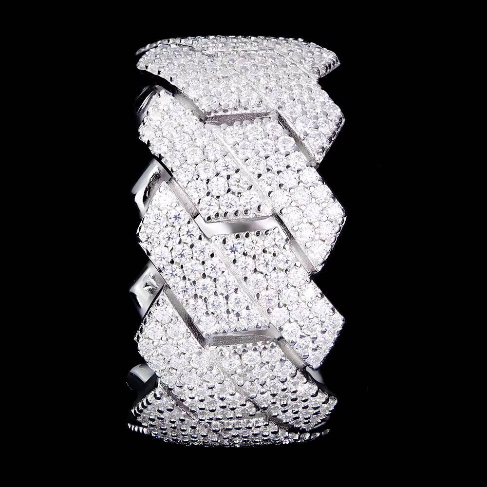 Factory Wholesale Custom Miami 925 Sterling Silver Mossanite Jewelry 3 Rows Cuban Moissanite Diamond Iced Out Hip Hop Ring Men