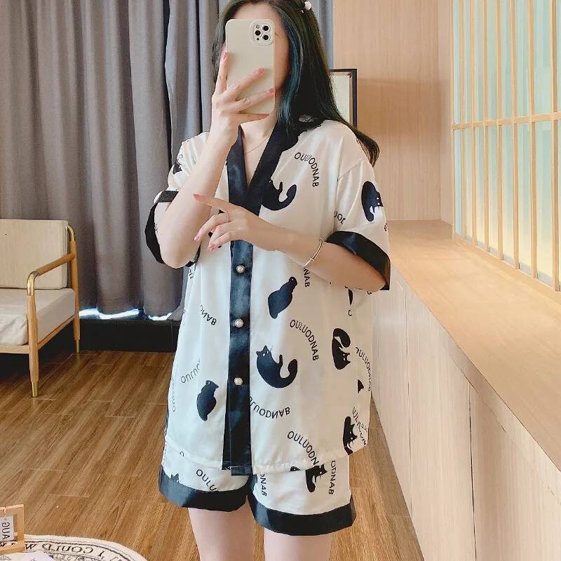 2025 sexy sleepwear for women in plus size short sleeved ice silk casual wear, V-neck fashionable printed women's summer sleepwear, home design w