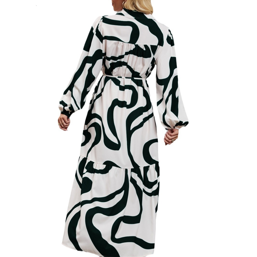 Womens Spring and Autumn Fashion Printed Casual Loose Laceup Shirt Dress