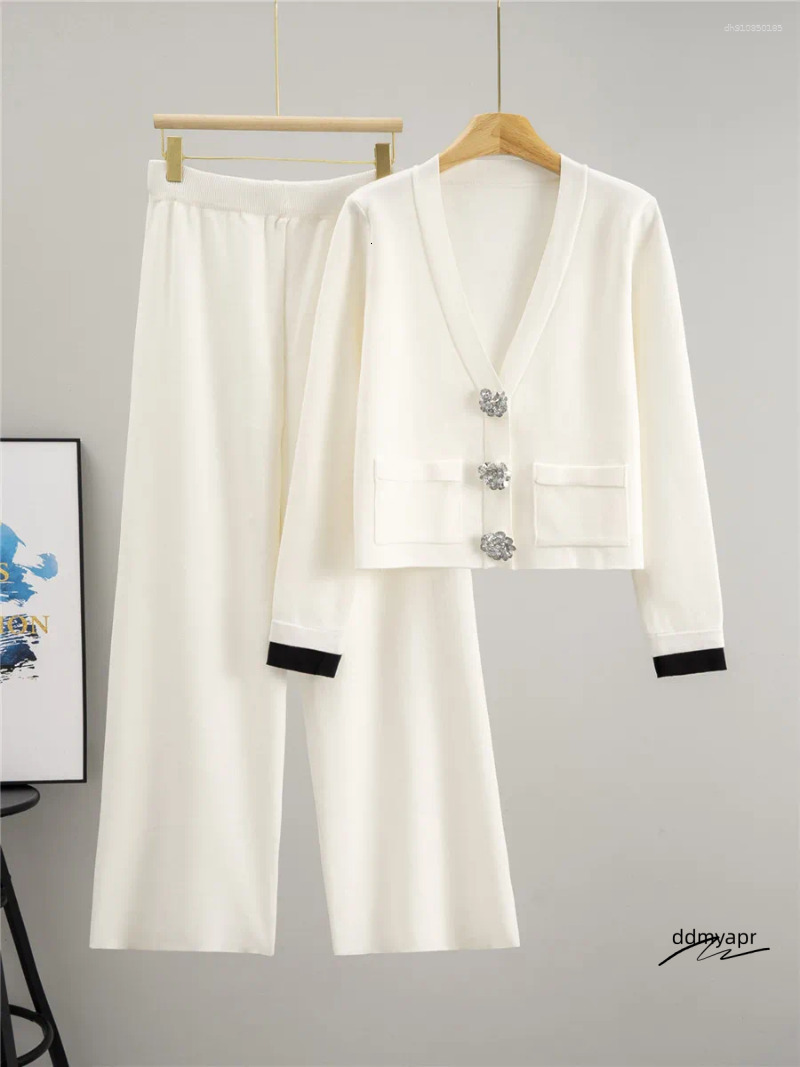 Women's Two Piece Pants Korean Design Knitted 2 Sets Women Big Button V-Neck Long Sleeve Cardigan Tops Conjuntos High Waist Wide ddmydec Leg Outf