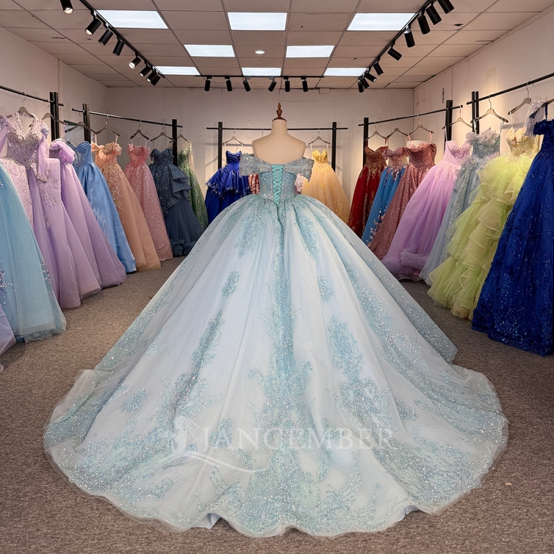Sky Blue Shiny Quinceanera Dresses Off Shoulder Ball Gown Sweet 16 Dress Sequin Applique Lace Tull Beads Birthday Party Vestidos 15 De Anos