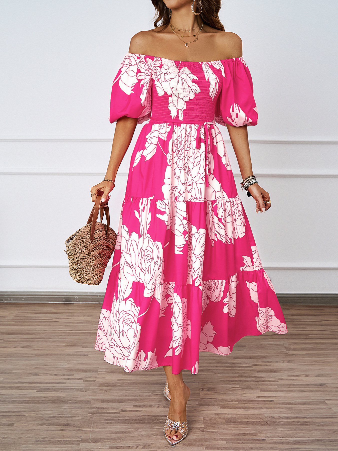 Summer New Elegant Printed OffShoulder Puff Sleeve Fashion Flared Dress