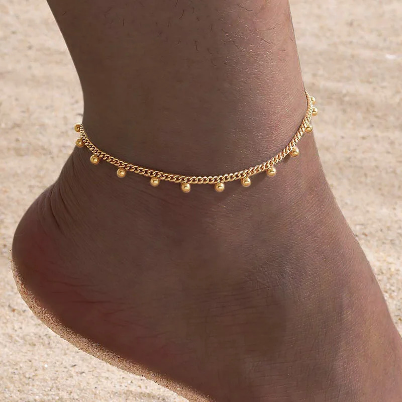 Anklet Bracelet on Legs Stainless Steel waterproof Adjustable Beach Beaded Ball Cuban Link Summer Boho Foot Jewelry for Women 250905