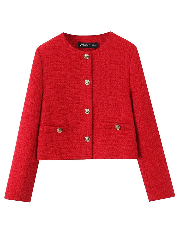 TRAF Womens Red Cropped Jacket 2025 Spring Office Ladies Long Sleeve Short Coats Fashion Casual Streetwear Outerwears250905