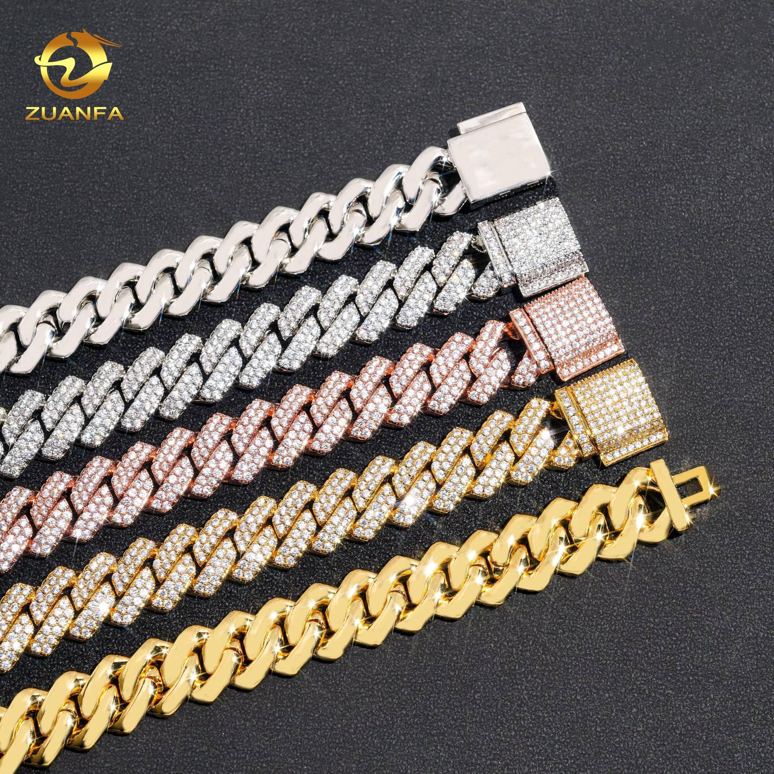 Hip Hop Jewelry 18k Gold Plated Brass Moissanite Custom High Quality 5A Moissanite Iced Out Cuban Link Chain
