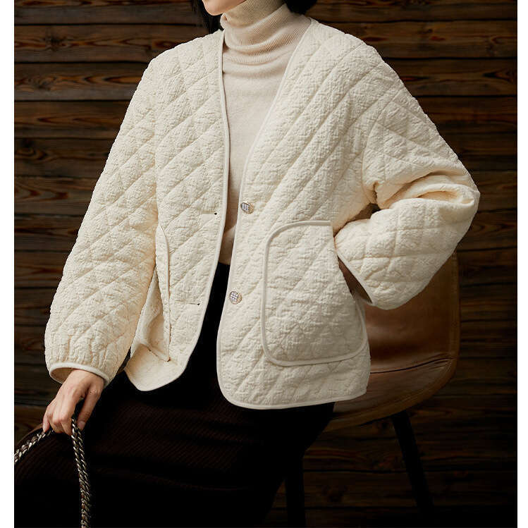 Design Sense Rhombus Lightweight Jacket Autumn Winter Cotton Short Coat Black Women's Clothing B5