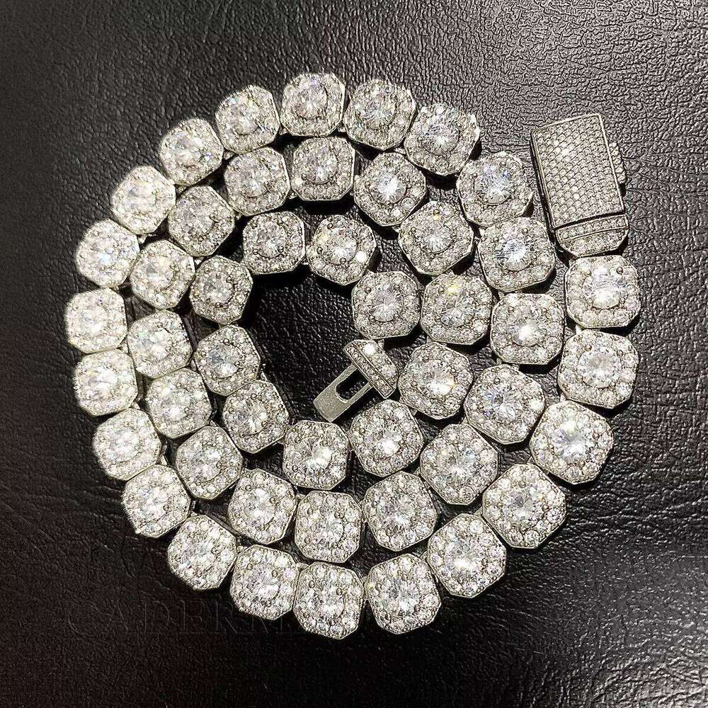 Hip Hop Jewelry 10mm 12mm Men's Cluster Square Tennis Necklace Pure Sier Iced Out Pyrope Chain