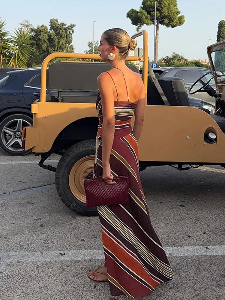 Striped Strap Sleeveless Backless Long Dress Women High Waist Vacation Street 2025 Female Dresses Party Club Chic Lady Robe 250905