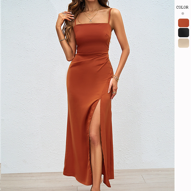 Womens Summer New Sexy Square Neck Backless Strap Dress with Slit