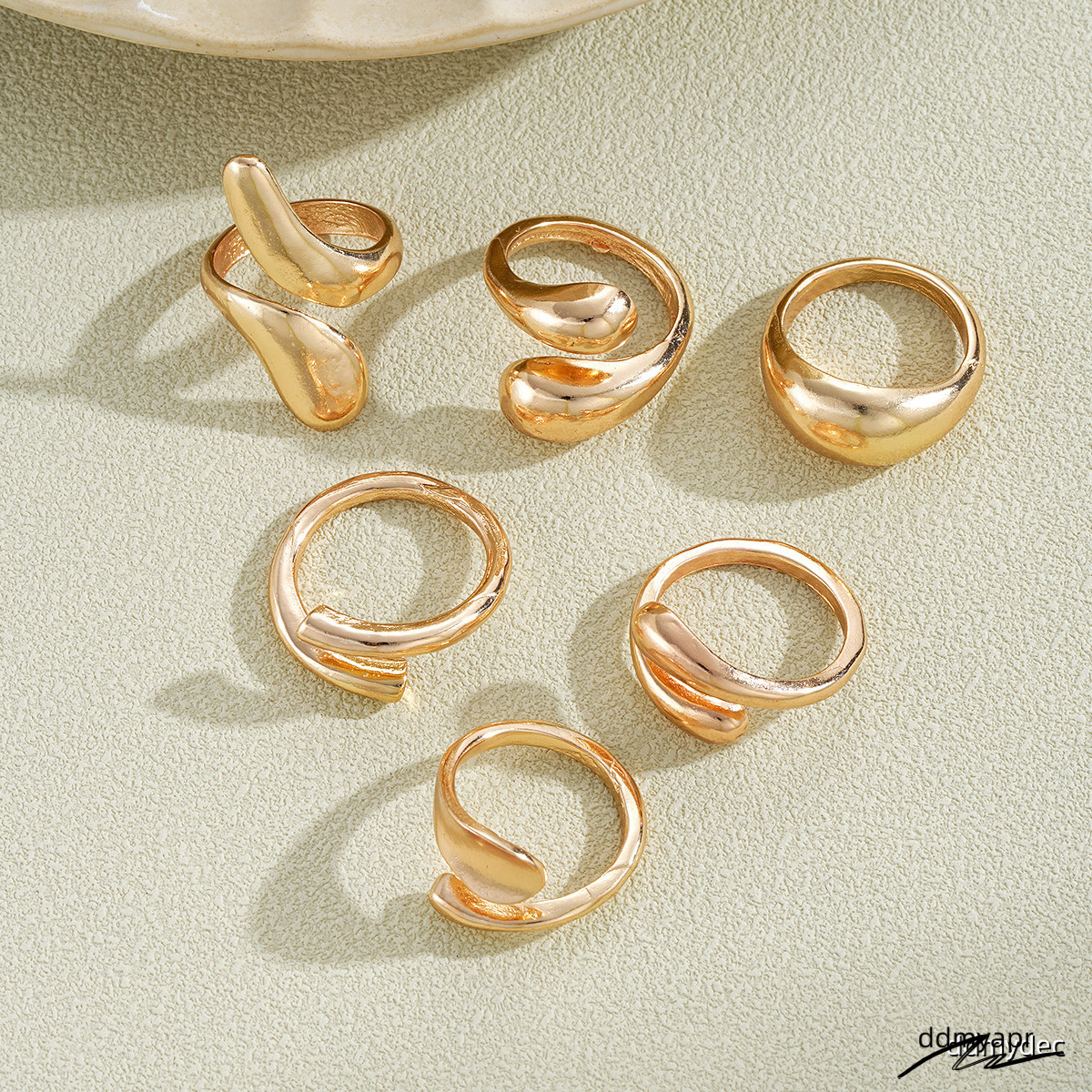 Explosive Irregular Droplet Niche Metal Texture Smooth Exaggerated Geometric Opening Ring, 6-Piece ddmydec Set ddmydec