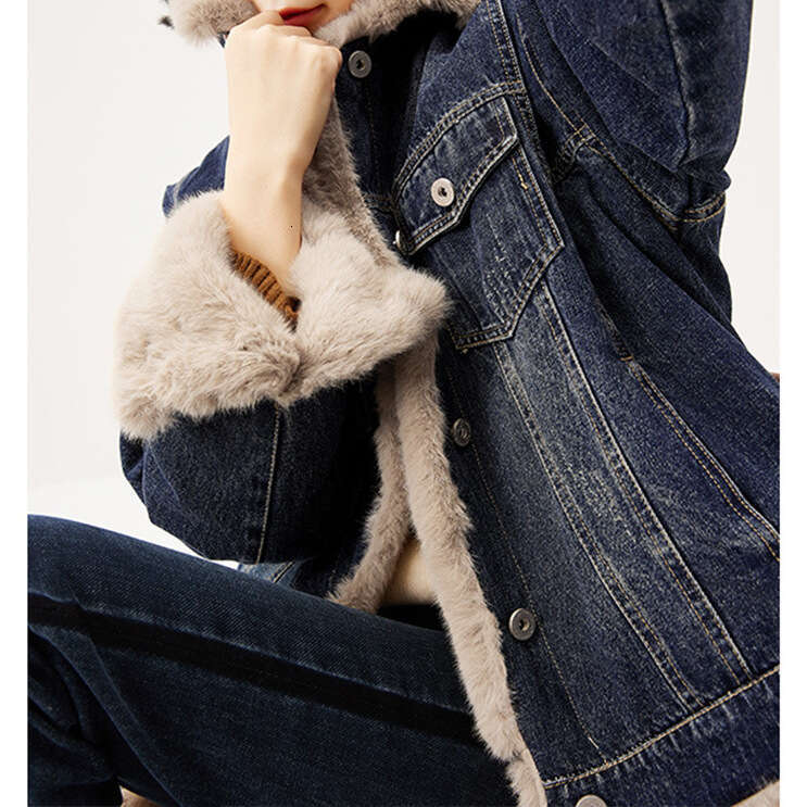 Thickened Furry Coat Short Fleece-Lined Women's Clothing Imitation Shearling Denim Jacket Winter New Style B5