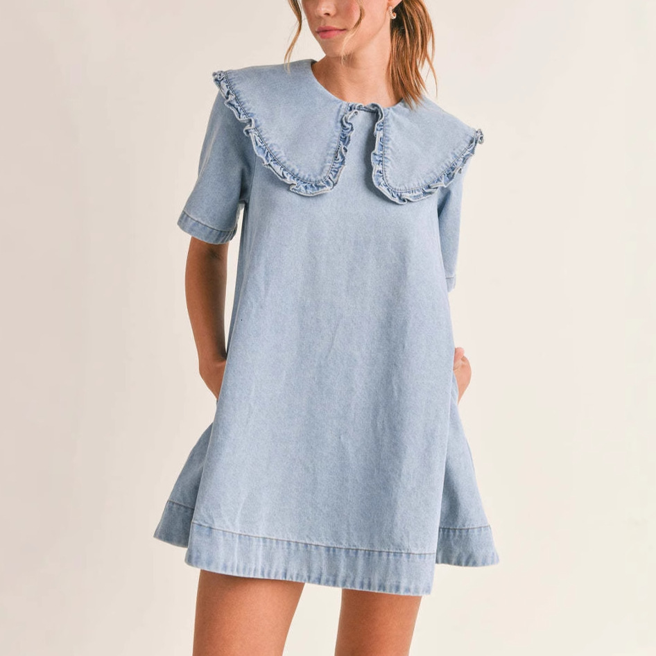 Denim Dress Women 2025 Summer New Turndown Collar Loose Ruffle Dress