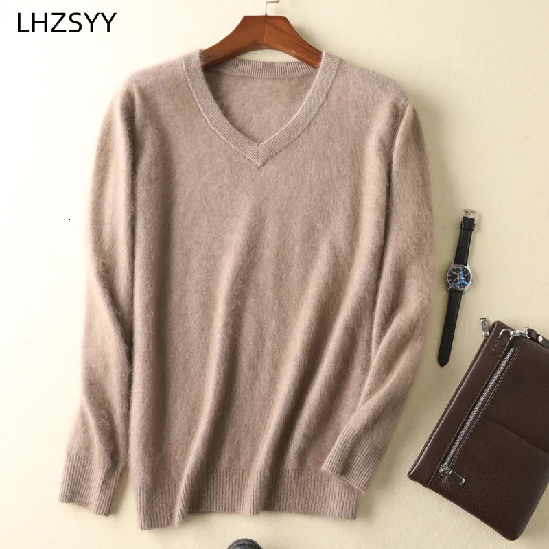 LHZSYY Mens 100 Mink Cashmere Large Size Sweaters Autumn Winter Solid Vneck Casual Knit Pullovers Men Long Sleeve Warm Jumper 250905