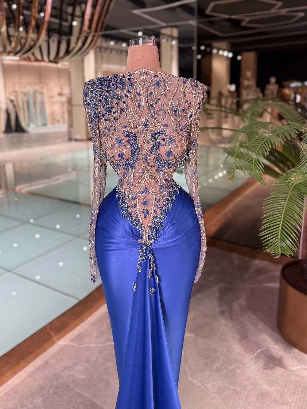 Fashion Evening Dresses Rhinestone Beading Prom Dress Illusion Long Sleeves Mermaid Princess Party Gowns Vestidos De Noche Plus Size