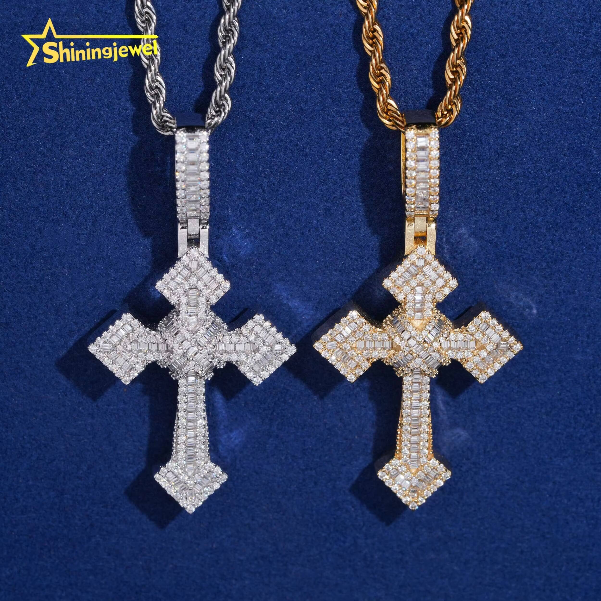 USA Local Stock 925 Sterling Silver Fully Iced Out Moissanite Cross Pendant Fine Jewelry Men VVS Moissanite Pendant Necklace