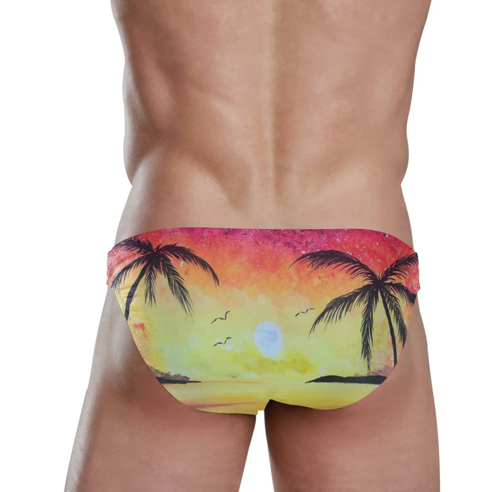 Discount Men's Swimwear Underwear Men Swimsuits Trunks Boxer Briefs Beachwear Sexy Swim Palm Tree Beach Shorts High Quality