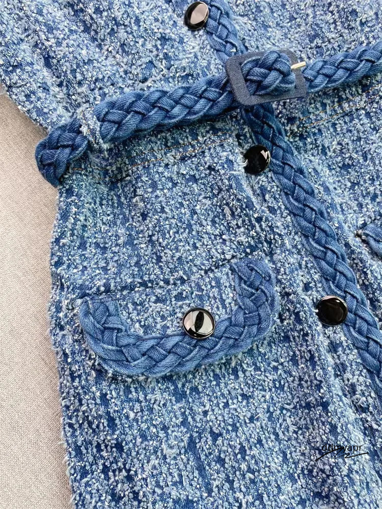 Autumn Twisted Knitted Coarse ddmydec Felt Mini Dress For Women Elegant Square Collar Single Chest Short Sleeve With Belt Long Robe 241010