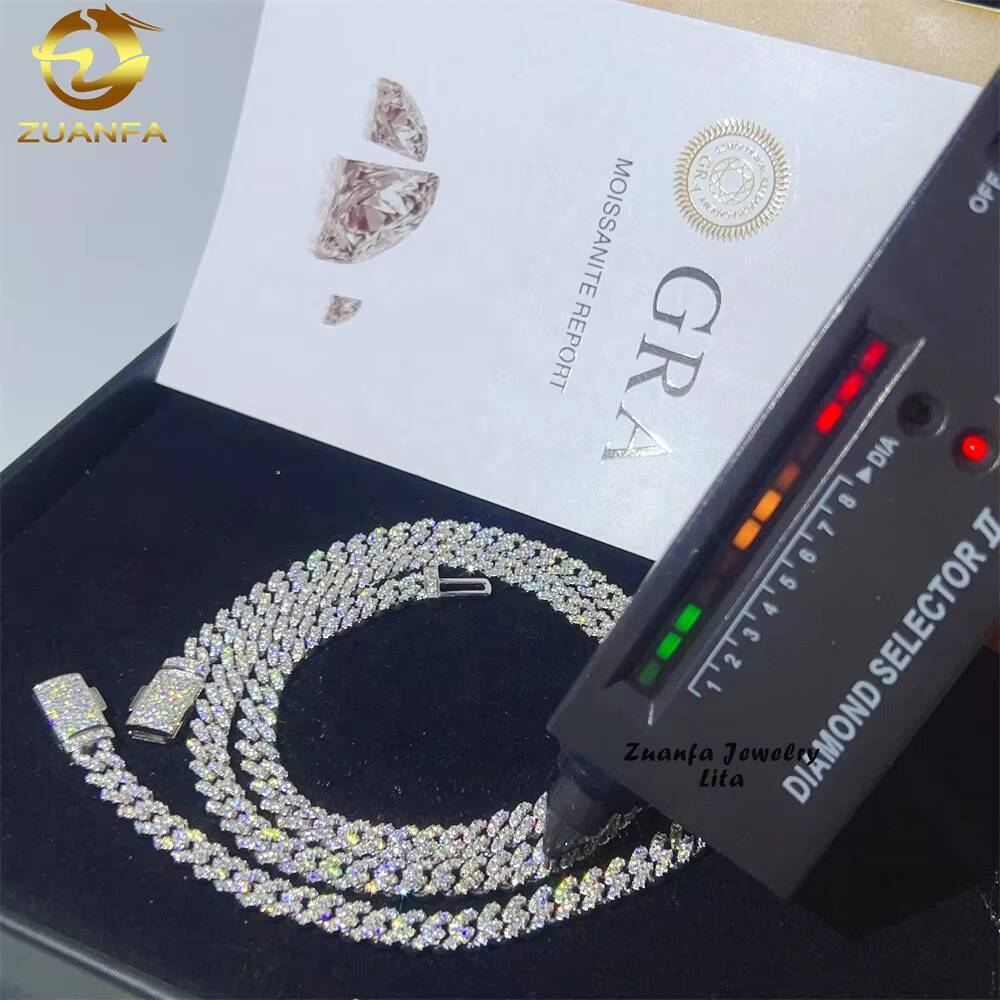 Wholesale Price White Gold One Row Stone Thin 6mm Silver VVS Moissanite Diamond Cuban Link Chain