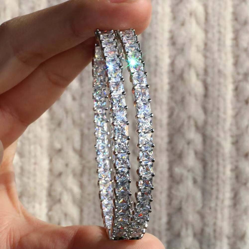 Shinny Super Huge Square Cut Moissanite Large InsideOut Baguette 6cm Hoop Earrings 18k White Gold Iced Out