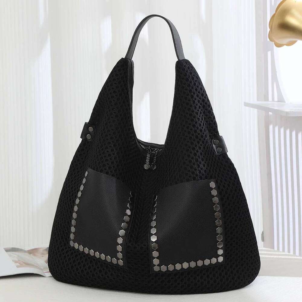 Large Capacity Mesh Fabric Shoulder Women Korea Style Black Lazy Hobos Bags Solid Revit Vintage Packages Big Handbags