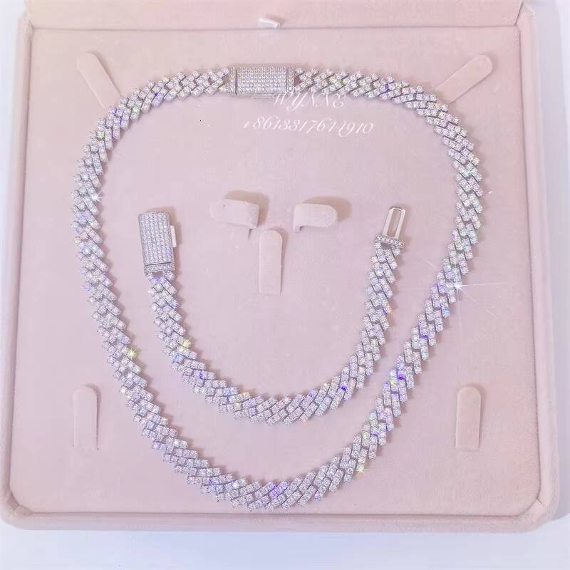 Hotsale 925 Sterling Silver Prong Setting Iced Out VVS Moissanite Diamond Cuban Link Chain Set