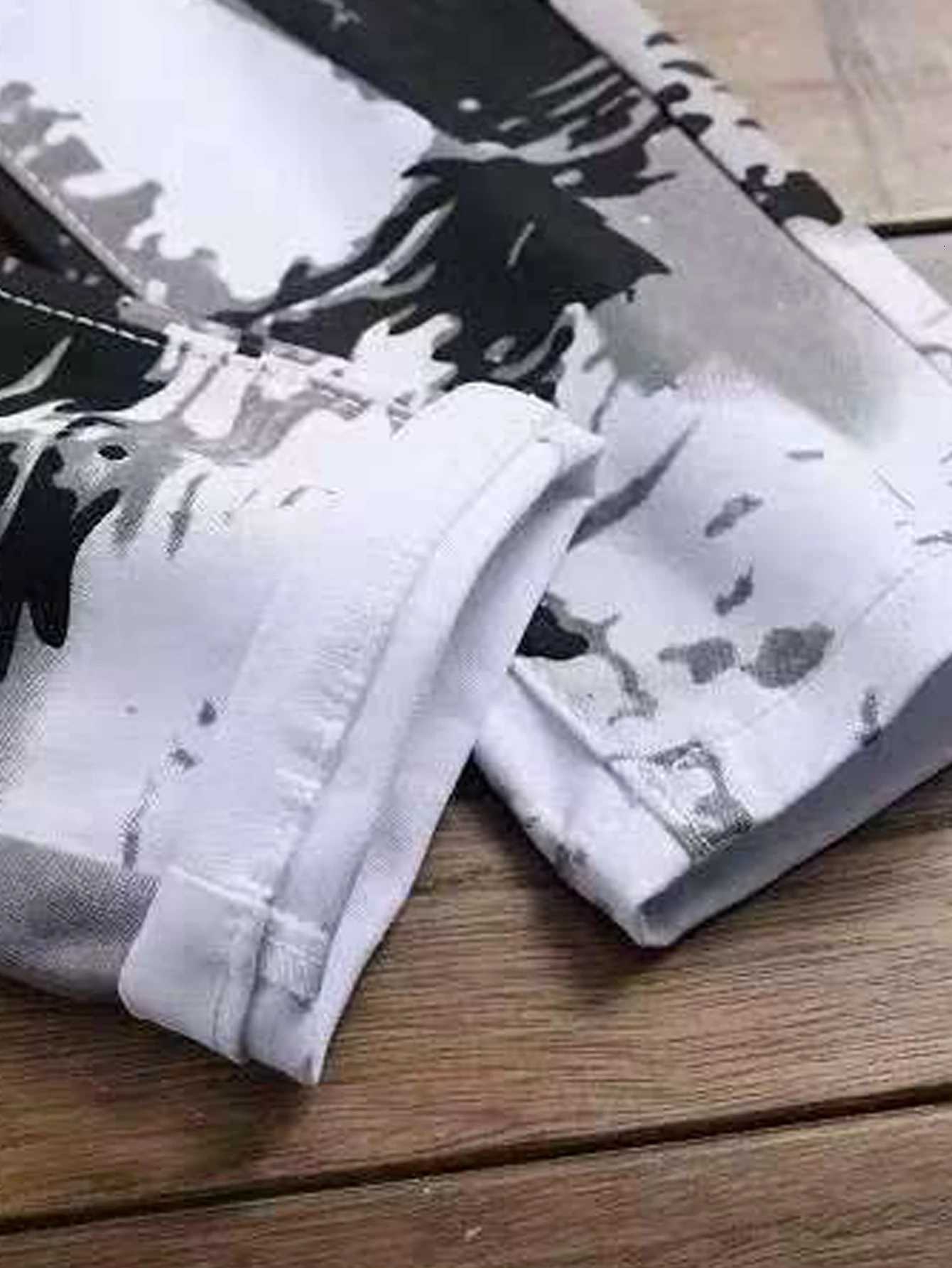 Mens Jeans Casual Black And Grey Printed Denim Pants Slim Fit Straight Leg Comfort Mid Waist White Trousers W250905