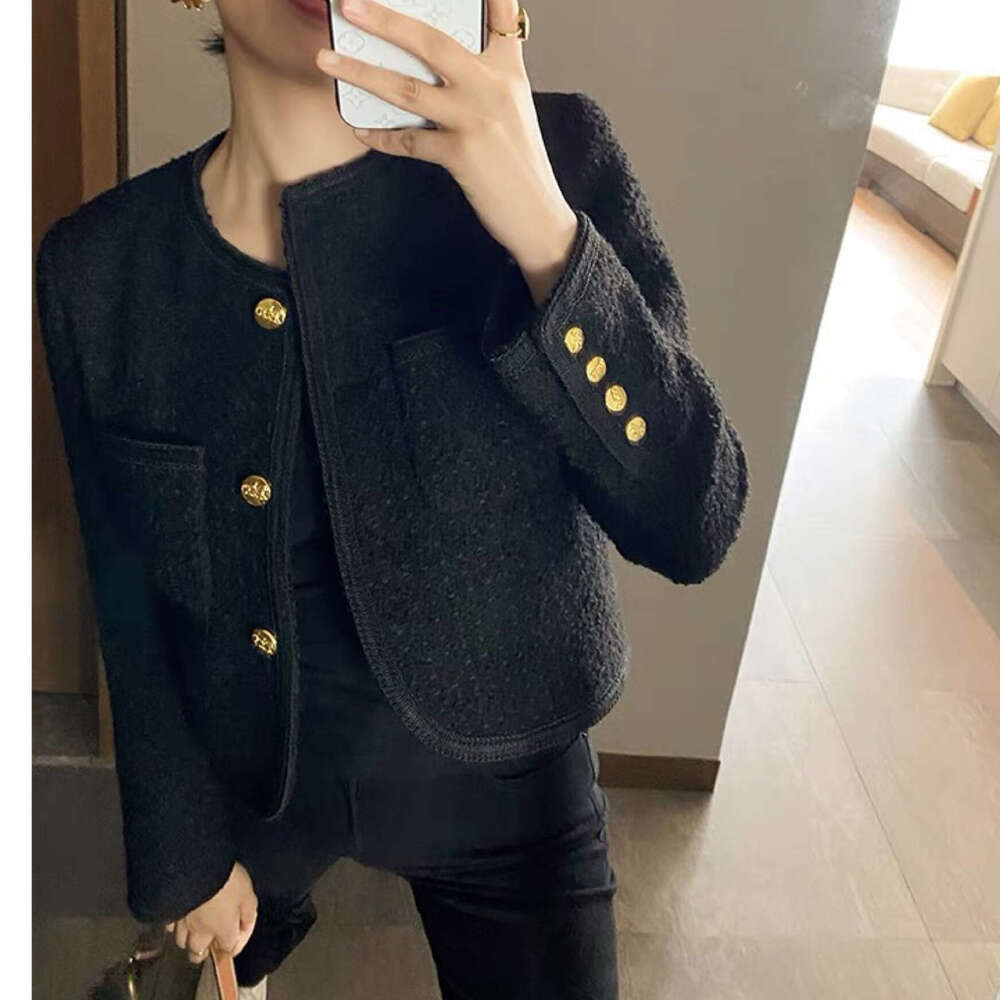 Wool Tweed Spring Outfit Elegant Socialite Style Black And White Metal Button Coat Women's Clothing B5