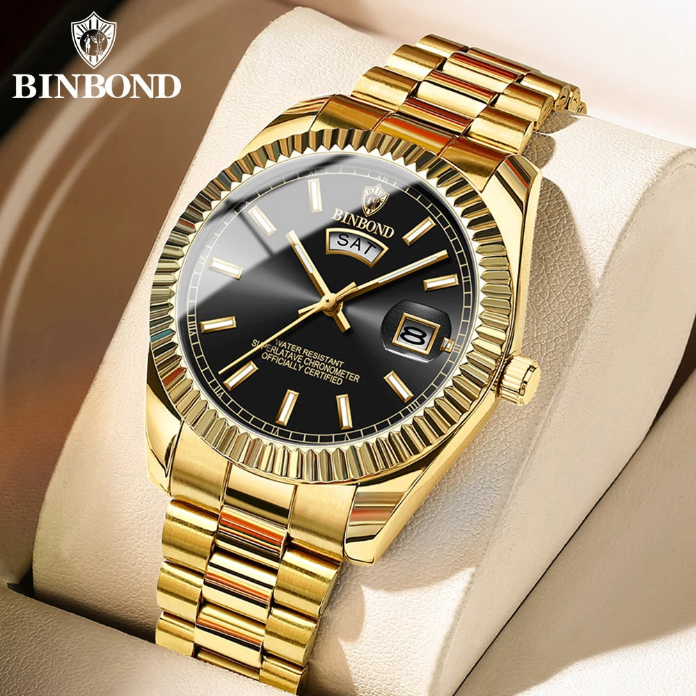 BINBOND Mens Quartz Watch Top Sports Watches Stainless Steel Waterproof Date Week Wristwatch Men Relogio 250828