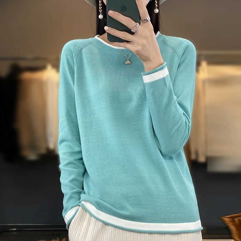 100 Cotton Knitwear Womens Round Neck Sweater Spring And Summer New Loose Color Matching Cotton And Linen Bottoming Shirt Z250905