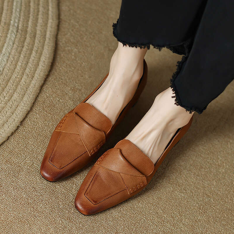 Brown French Style Pointed Toe Chunky Mid Leather Commuter Elegant Low Heel Women's Shoes