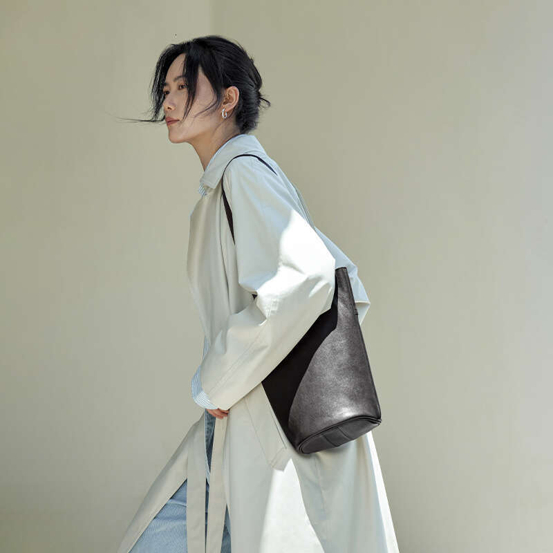 Qiu Zhen Lazy Encounter Bucket for Women Genuine Leather Underarm Single Shoulder Commuter Top Layer Vegetable Tanned Cowhide Women's Bag