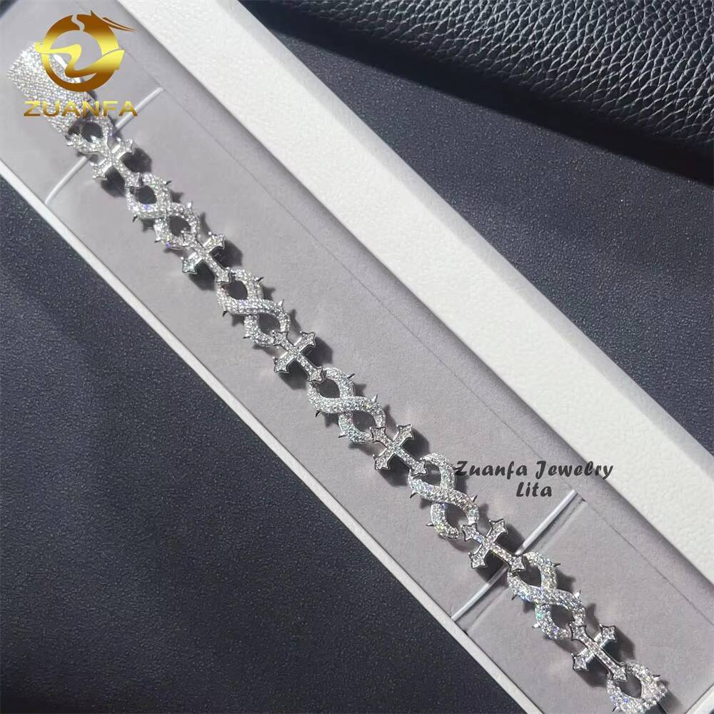 New Fashion Hip Hop Style 13MM 925 Sterling Silver Infinity Mixed Cross Iced Out Moissanite Bracelet