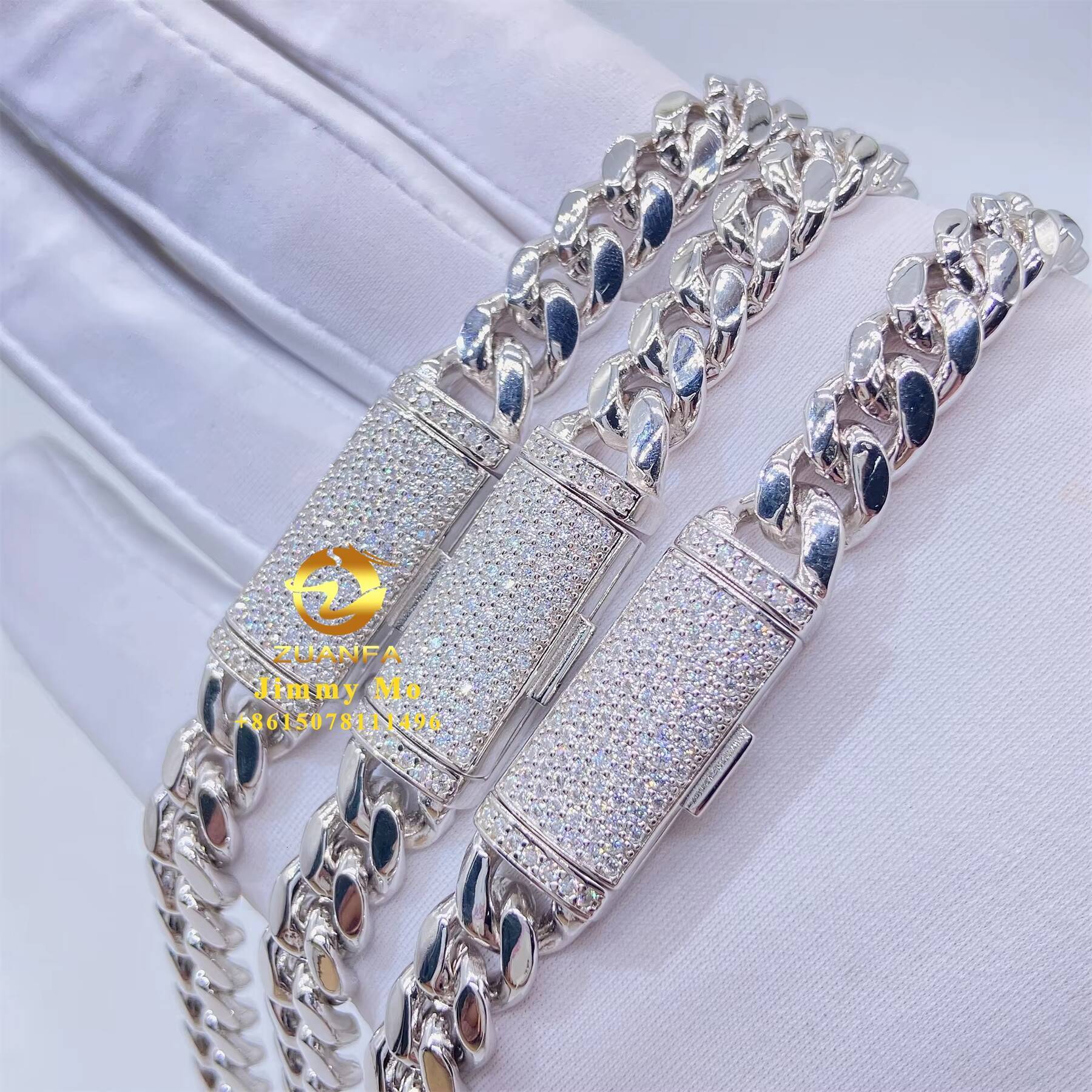 Ready to Ship 8mm 10mm 12mm 14mm 18mm Iced Out Hip Hop Moissanite Diamond 316L Stainless Steel Gold Plated Cuban Link Chain