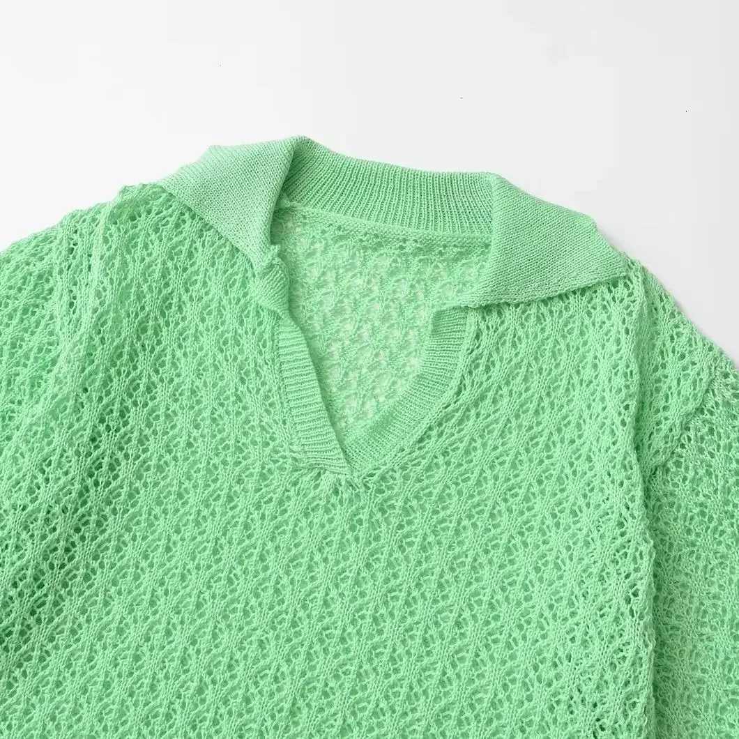 TRAFSHE Women Fashion Jacquard Solid Knitted Hollow Out Pullover Sweater Vintage Lapel Neck Short Sleeve Female Chic Lady Tops Z250905