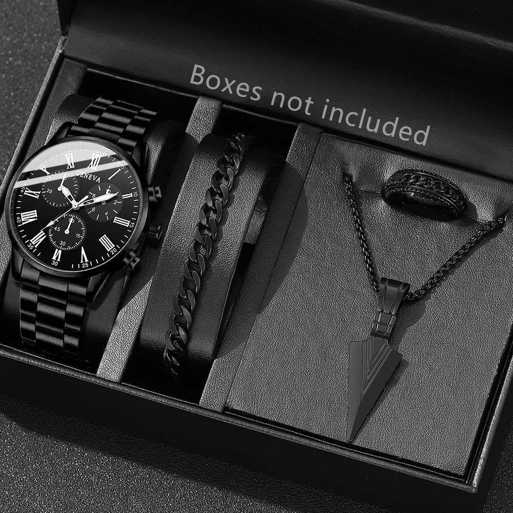 4PCS Black Mens Watch Set Business Trend Fashion Roman Digital Scale Dial Quartz Bracelet Necklace Ring Perfect Gift 250828