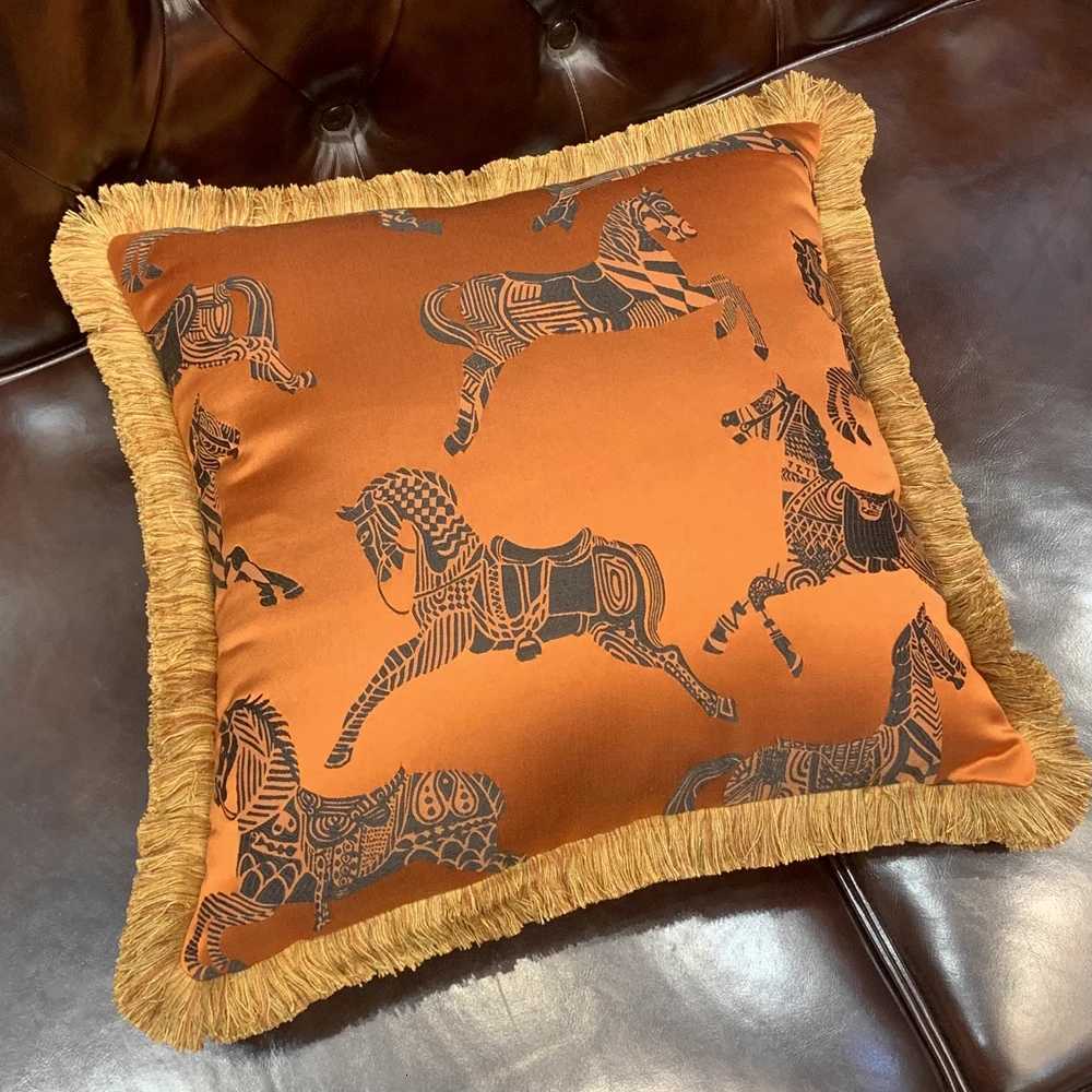 Luxury Fashion Soft Case Orange Horses Woven Interior Designer Quty Fringe Cushion Cover Sofa Window Furnishings 45x45cm Y250905