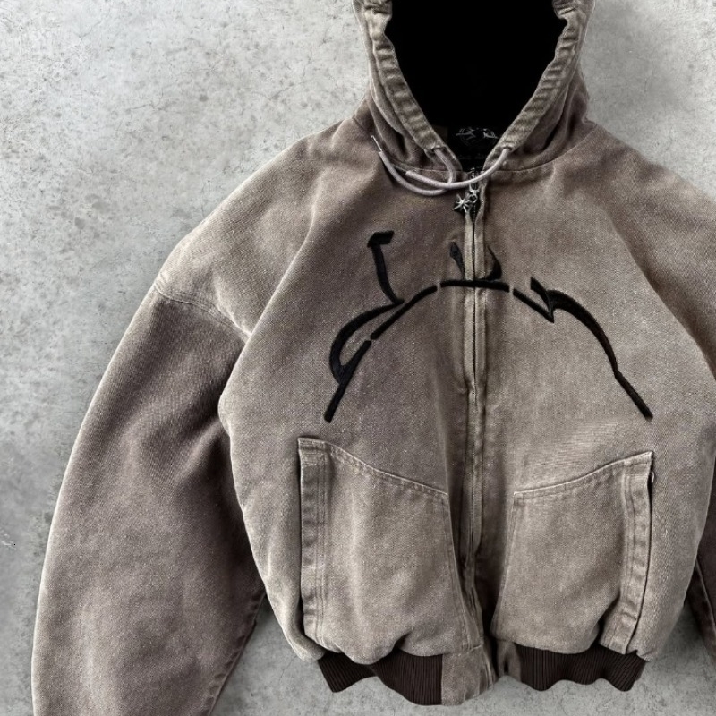 Y2K American High Street Washing Zipper Hooded Sweater Retro Harajuku Fashion Loose Top Clothing for Men and Women 250904