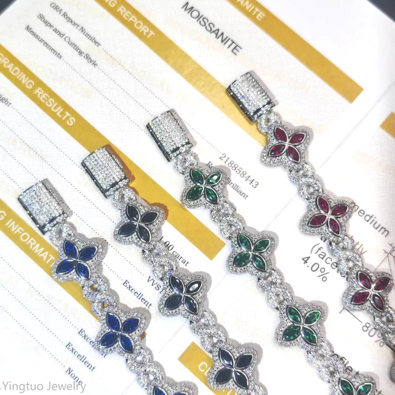 Designer bracelet Luxury Hip Hop Jewelry Colorful Moissanite Iced Out S925 Silver Shamrock tennis bracelet Cuban Clover Bracelet