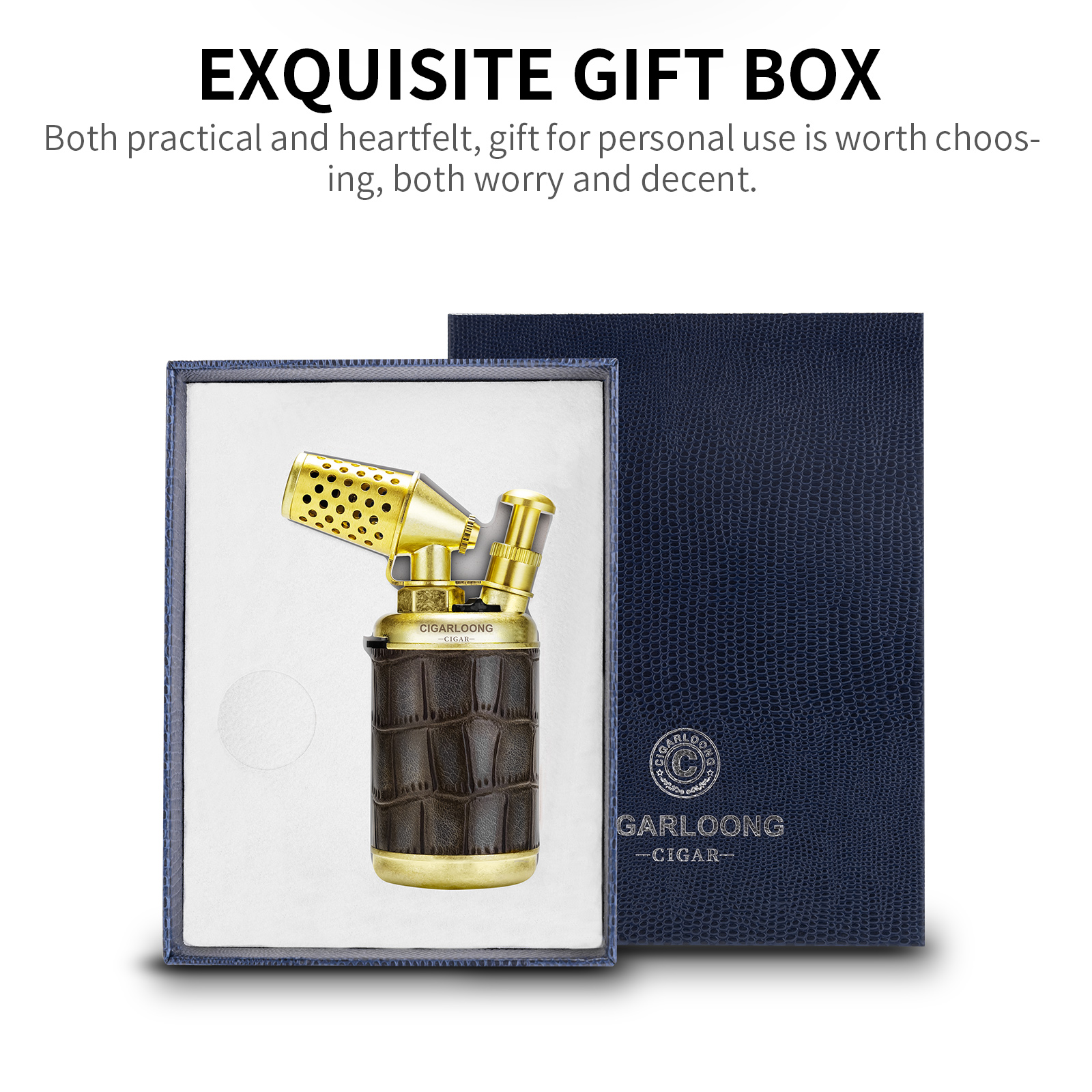 CIGARLOONG Torch Lighter,2-in-1 Windproof Butane Refillable Lighter Built-in Cigar Punch with Gift Box Without Gas W260202